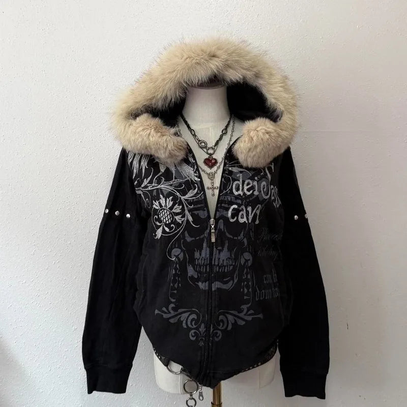 Autumn And Winter New Fashion Oversized Pattern Printed Fur Collar Sweater Women Y2K Gothic Hip Hop Harajuku Casual Sweatshirt 1 7 Shoptery