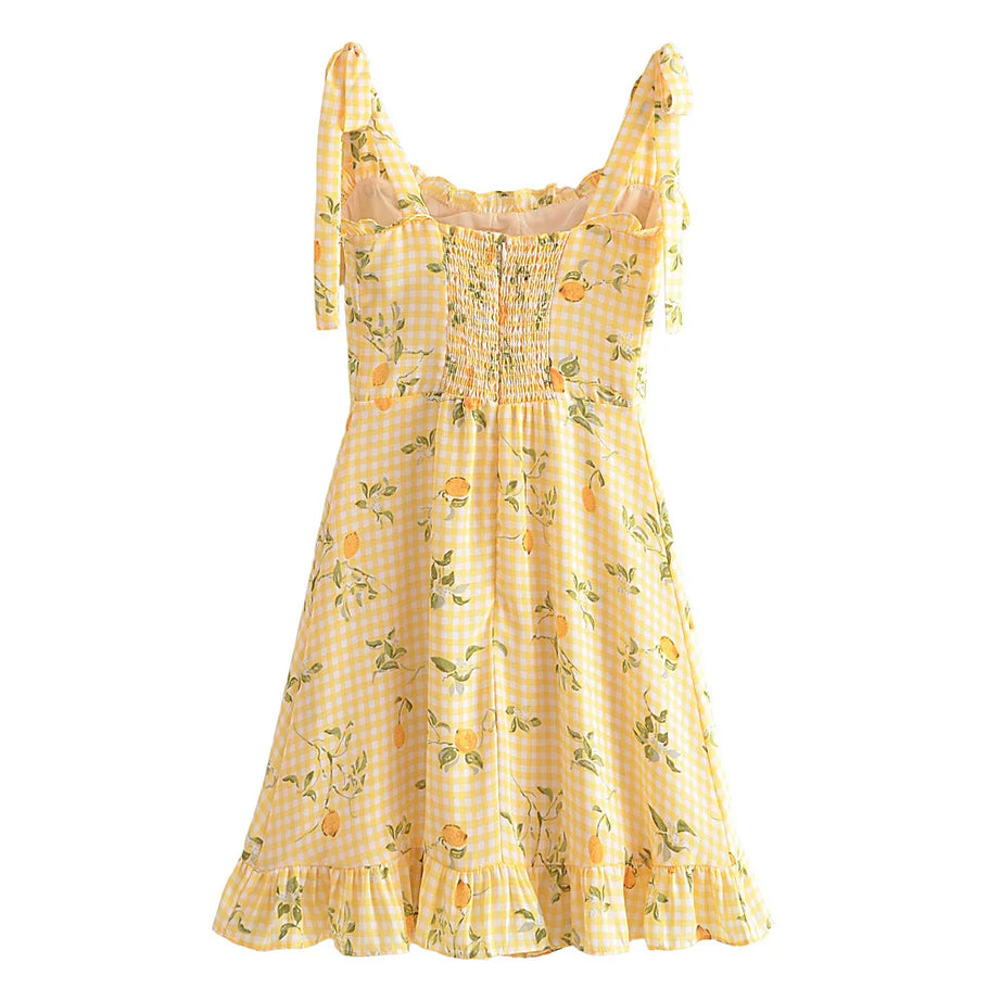Retro Lemon Print Plaid Dress Shoptery