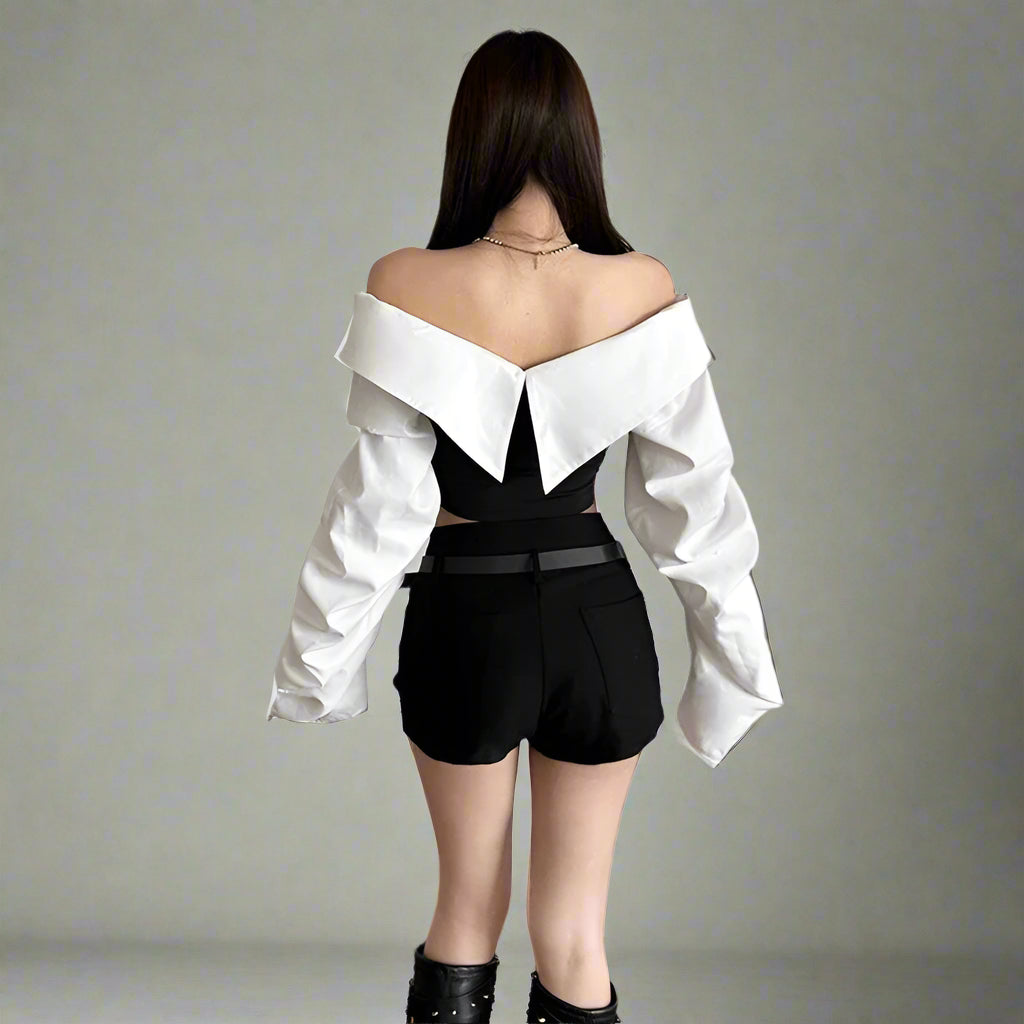 Monochrome Buckled Edgy Off-Shoulder Long Sleeve Crop Top Shoptery