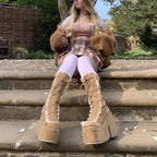 Jirai Kei Faux Fur Lace-Up Knee-High Platform Boots Shoptery