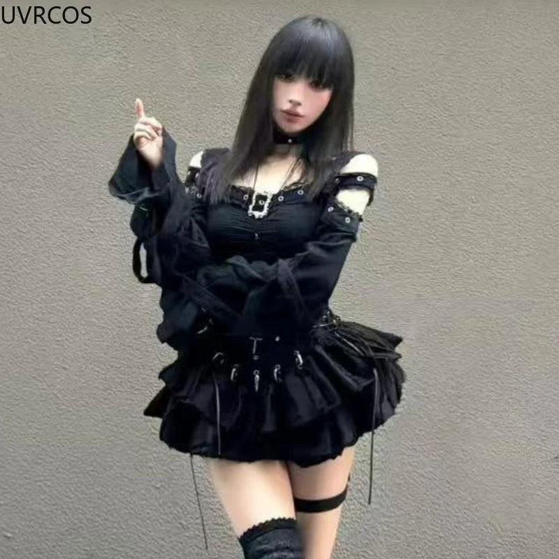Jirai Kei Black Gothic Cross Lace Cold-Shoulder Mini Dress Set Shoptery