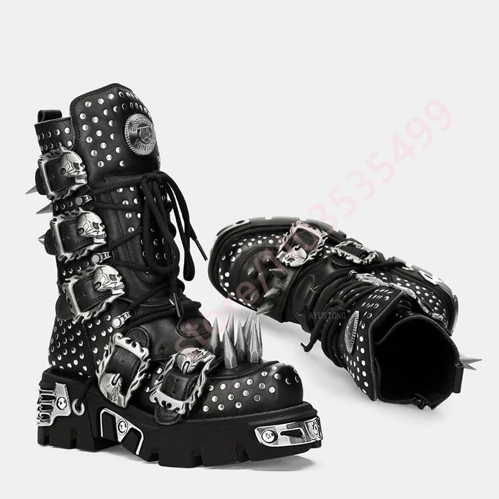 Visual Kei Skull Spike Studded Platform Combat Boots Secondary image