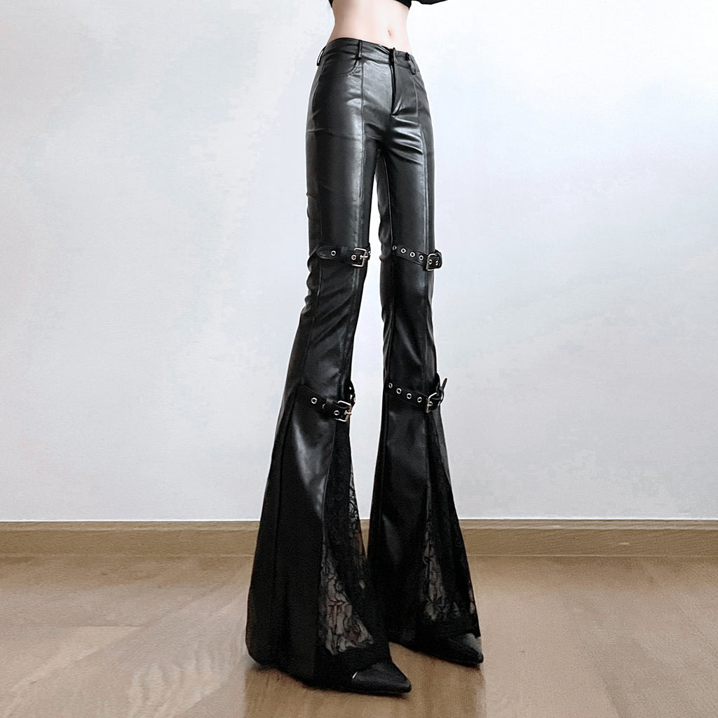 Visual Kei Faux Leather Buckle Strap Bell Bottom Flare Pants Shoptery