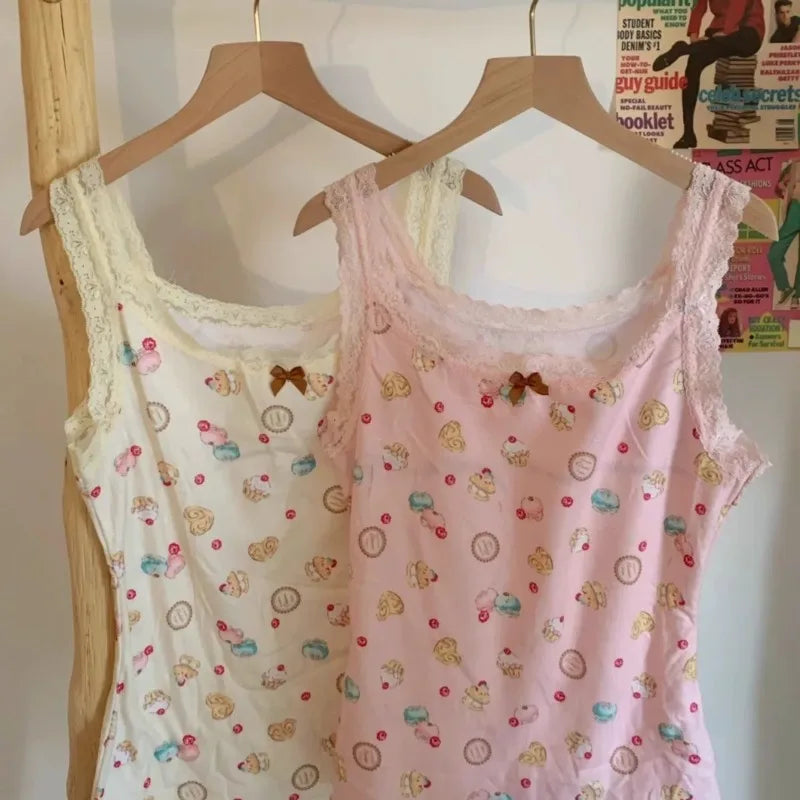 Fairy Kei Sweets Print Lace Camisole Top with Butterfly Accessories Apricot Shoptery