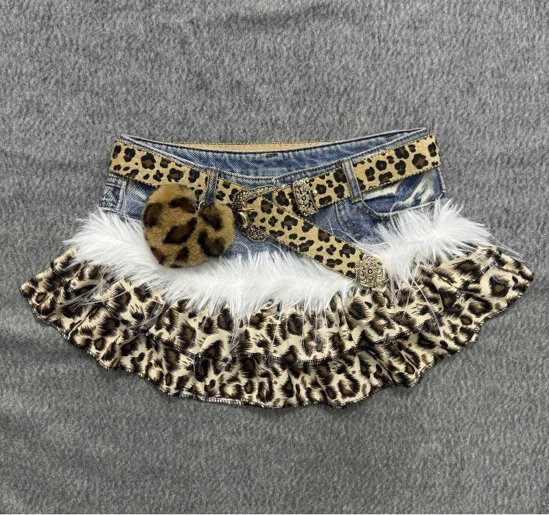 Gyaru Leopard Print Ruffle Denim Mini Skirt with Star Belt Only Skirt Shoptery