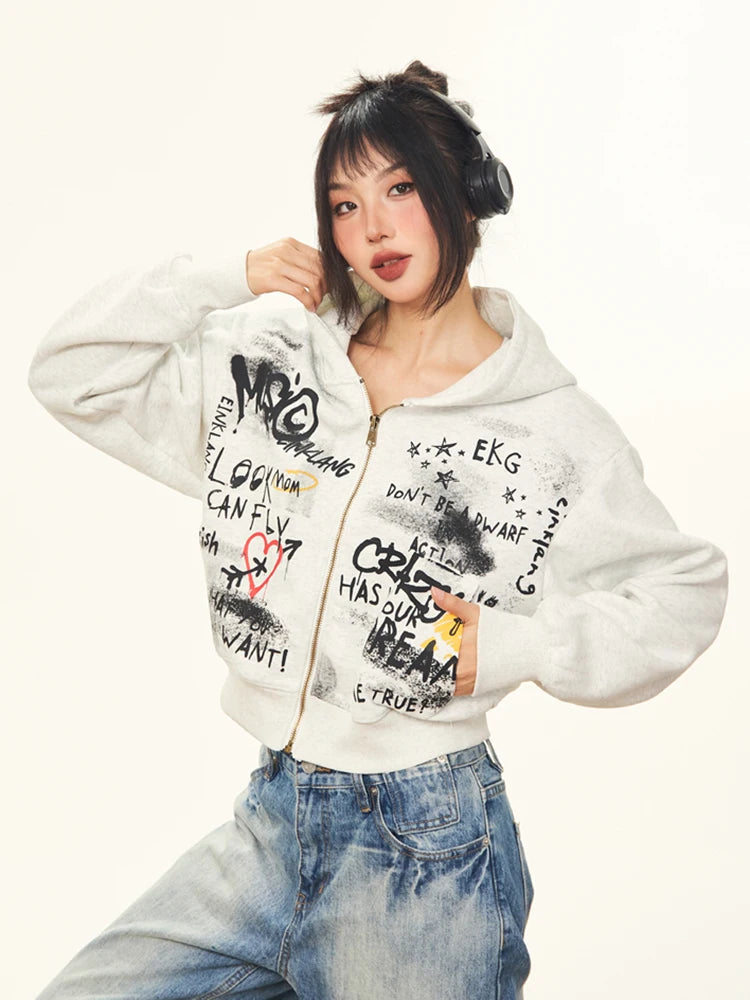 Graffiti Heart Zip Hoodie Light gray Shoptery