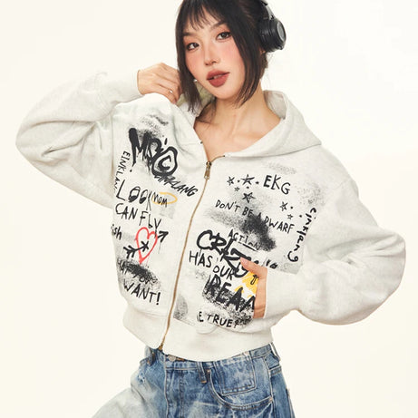 Graffiti Heart Zip Hoodie Light gray Shoptery
