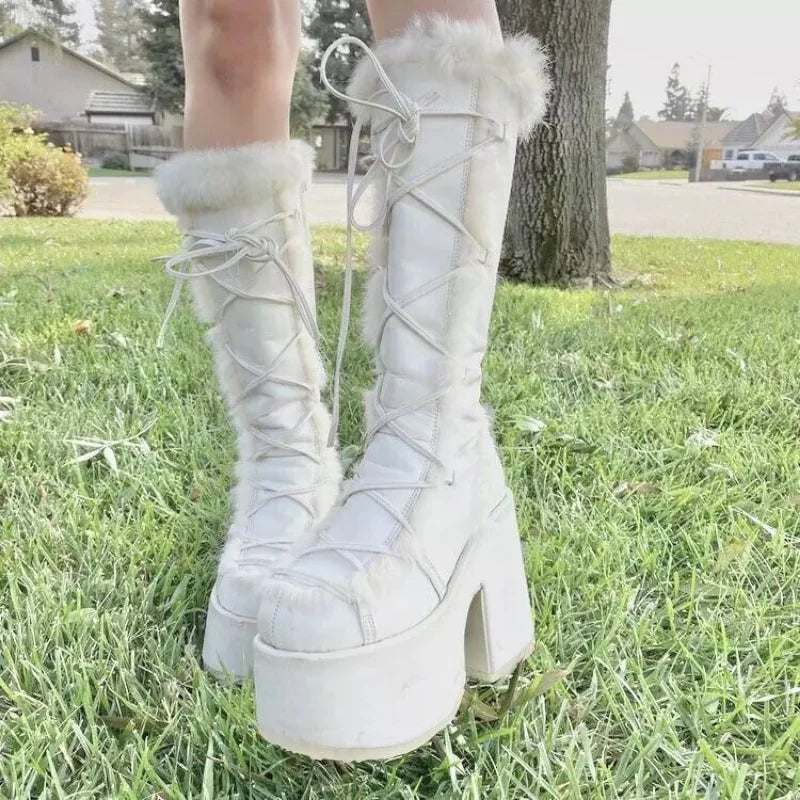 Jirai Kei Faux Fur Lace-Up Knee-High Platform Boots WHITE Shoptery