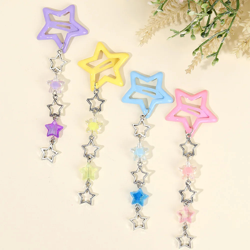 Decora Pastel Star Beaded Bow Dangle Hair Clips Set of 4 type02 Shoptery