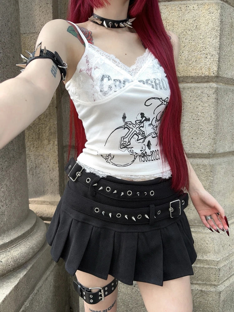 Visual Kei AltGoth Graphic Crop Top & Pleated Skirt Set Shoptery