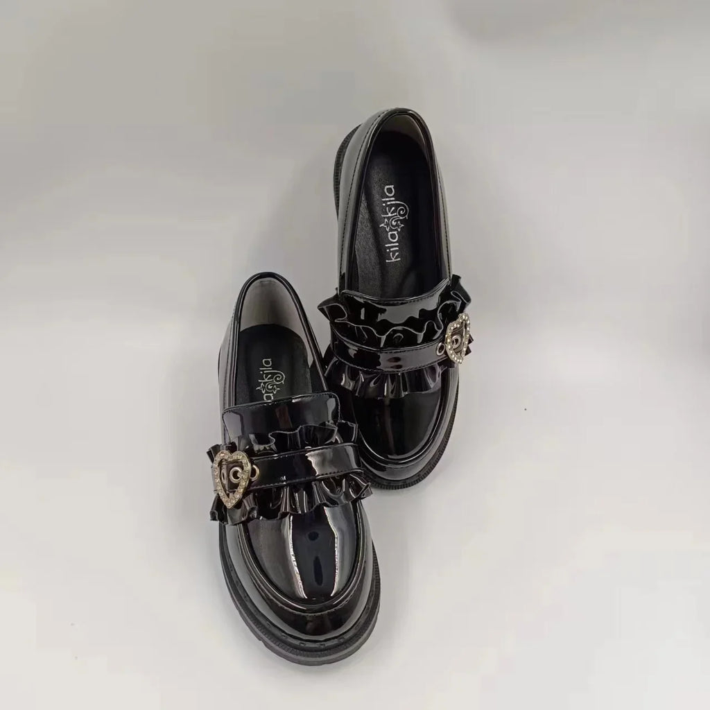 Jirai Kei Patent Ruffle Loafers with Rhinestone Heart Buckle Shoptery