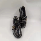 Jirai Kei Patent Ruffle Loafers with Rhinestone Heart Buckle Shoptery