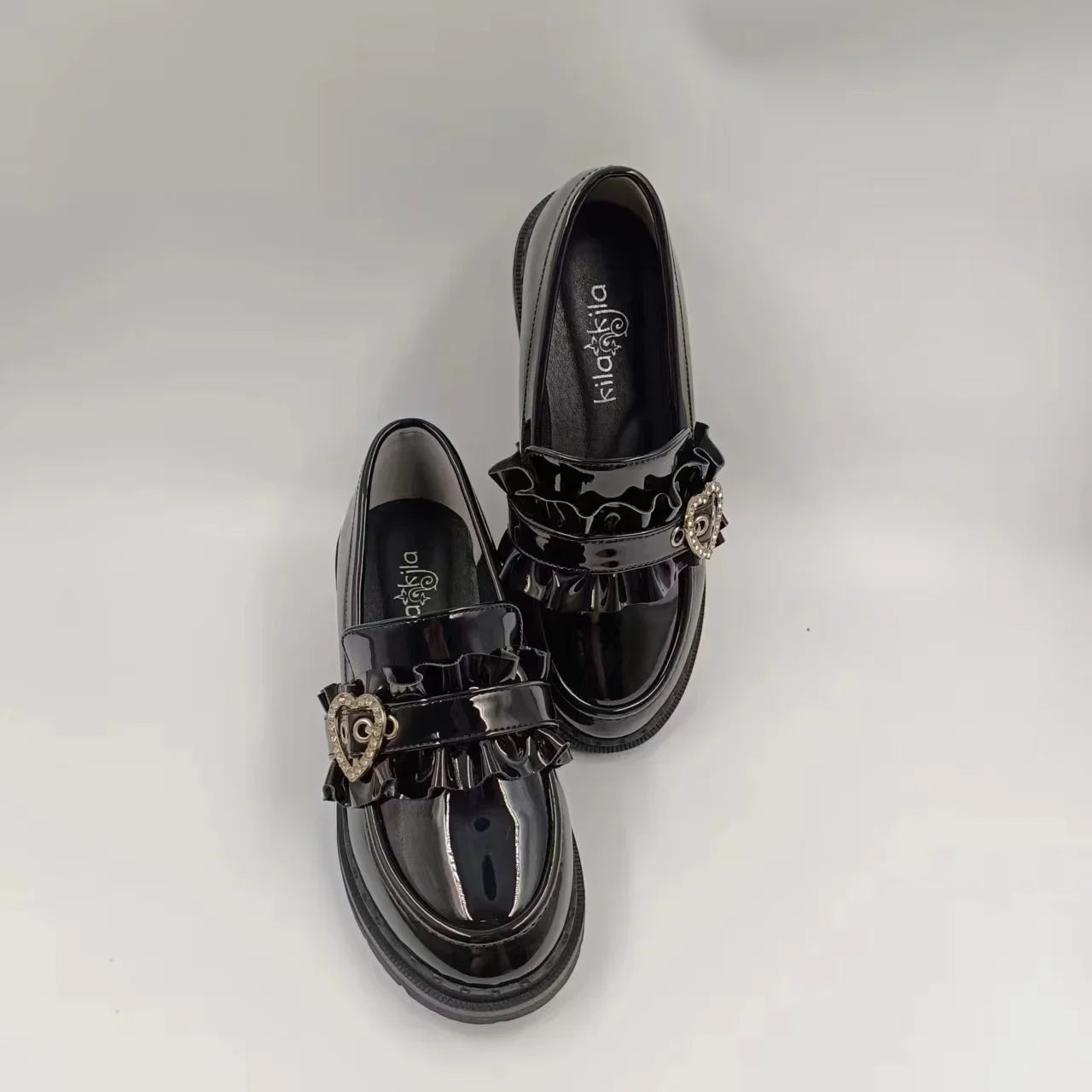 Jirai Kei Patent Ruffle Loafers with Rhinestone Heart Buckle Shoptery