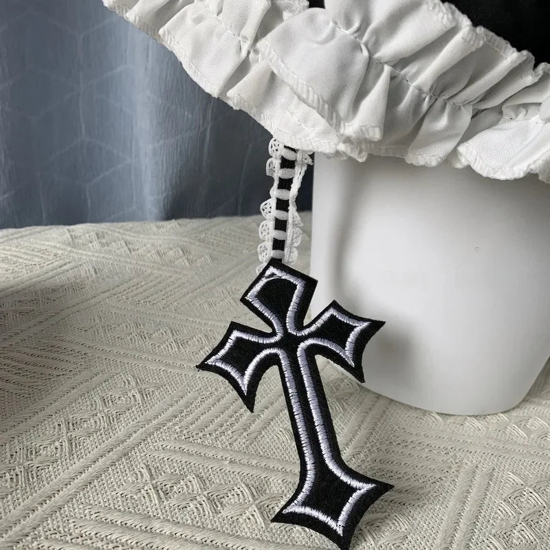 Jirai Kei Black White Ruffle Tiered Mini Skirt with Cross Charms Shoptery