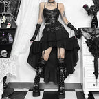 Visual Kei Black Faux Leather Corset & Asymmetric Ruffle Skirt Set Shoptery