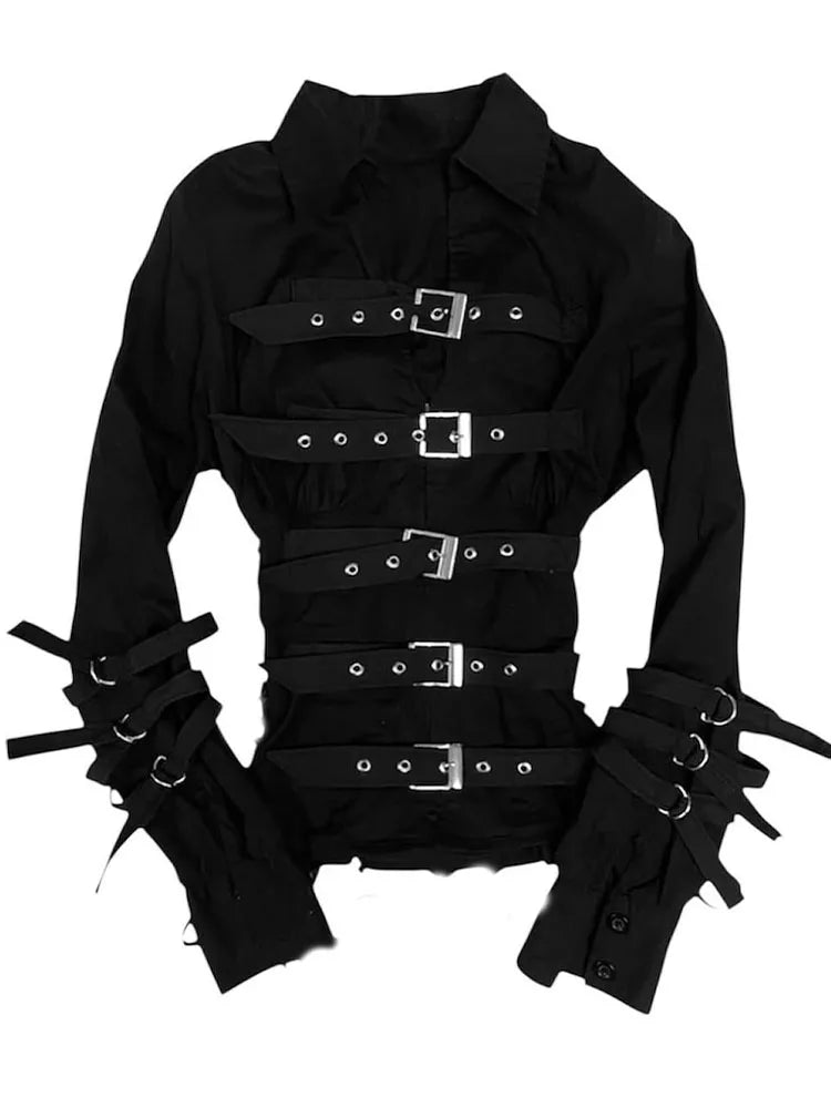 Visual Kei Black Multi-Buckle Strap Lace Collar Long Sleeve Shirt Shoptery