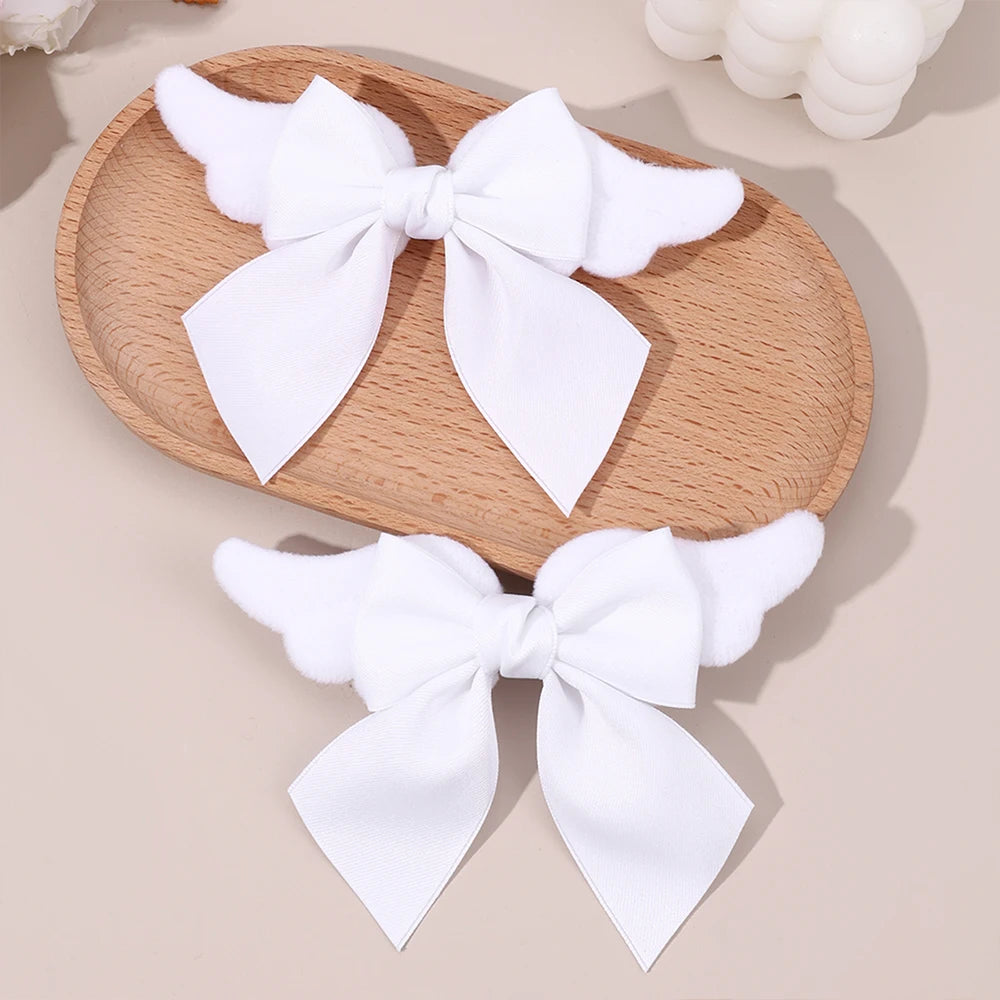 Fairy Kei Pink Angel Wing Grosgrain Bow Hair Clips Set of 2 elegant white Shoptery