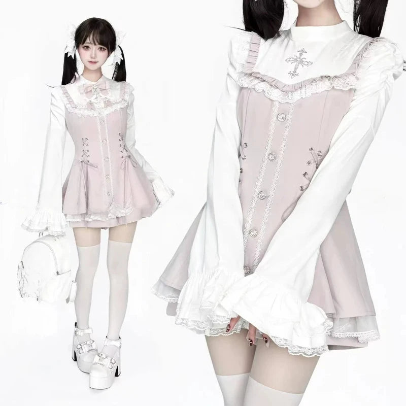 Jirai Kei Gothic Cross Lace Ruffle Blouse & Shorts Set 318 Pink Shoptery