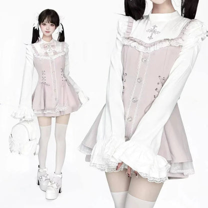 Jirai Kei Gothic Cross Lace Ruffle Blouse & Shorts Set 318 Pink Shoptery