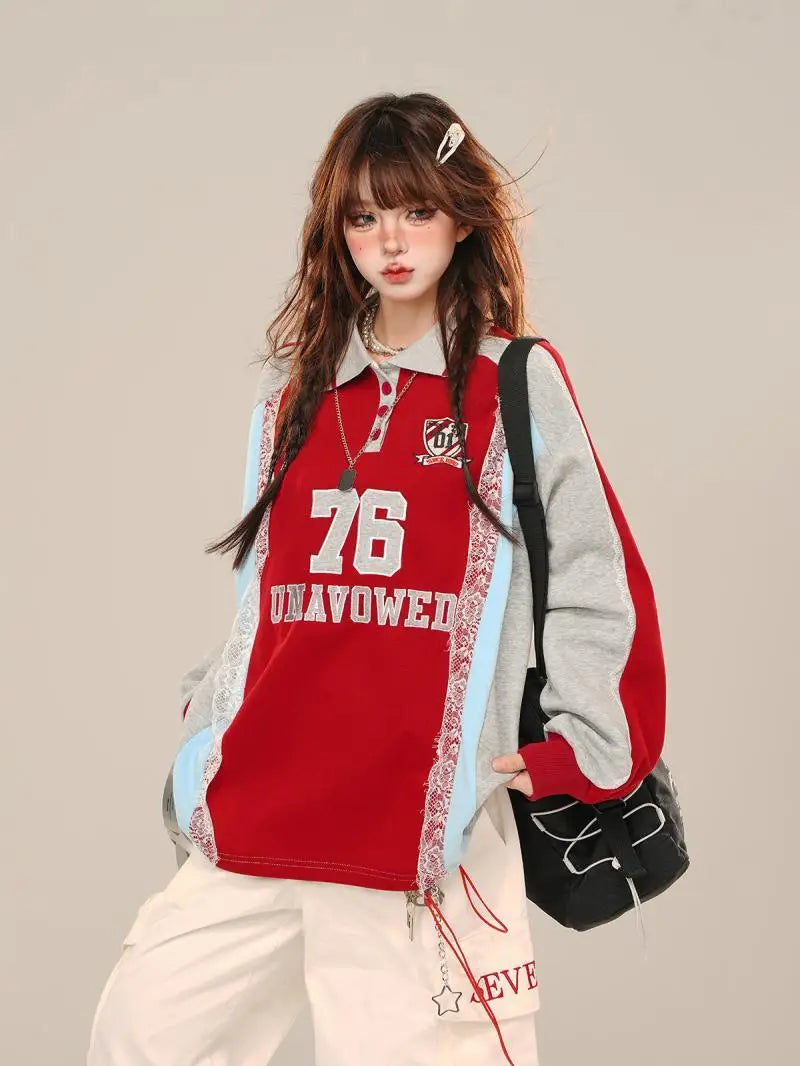 Varsity Lace Retro Sweatshirt Red Shoptery