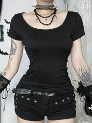 Visual Kei Slashed Fishbone Ring & Safety Pin Cutout Black Tee Shoptery