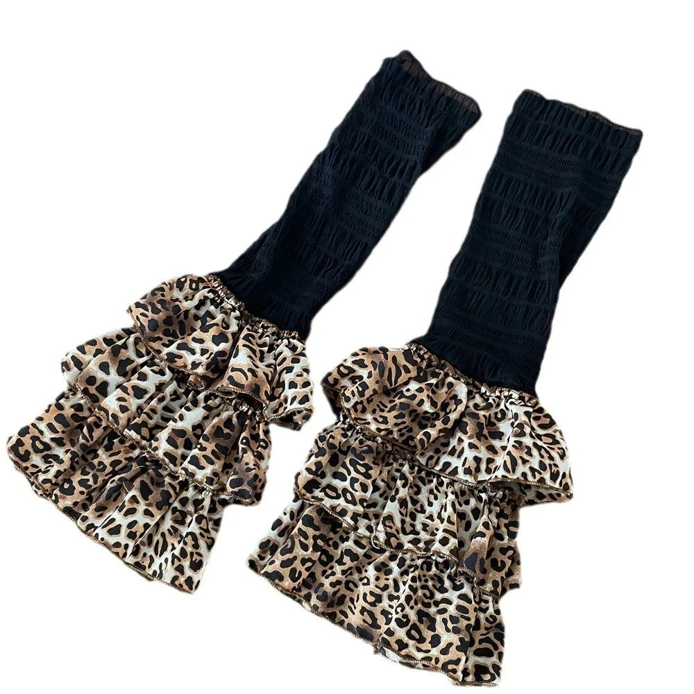 Gyar Leopard Print Ruffle Tiered Leg Warmers with Ruched Mesh Black - Shoptery