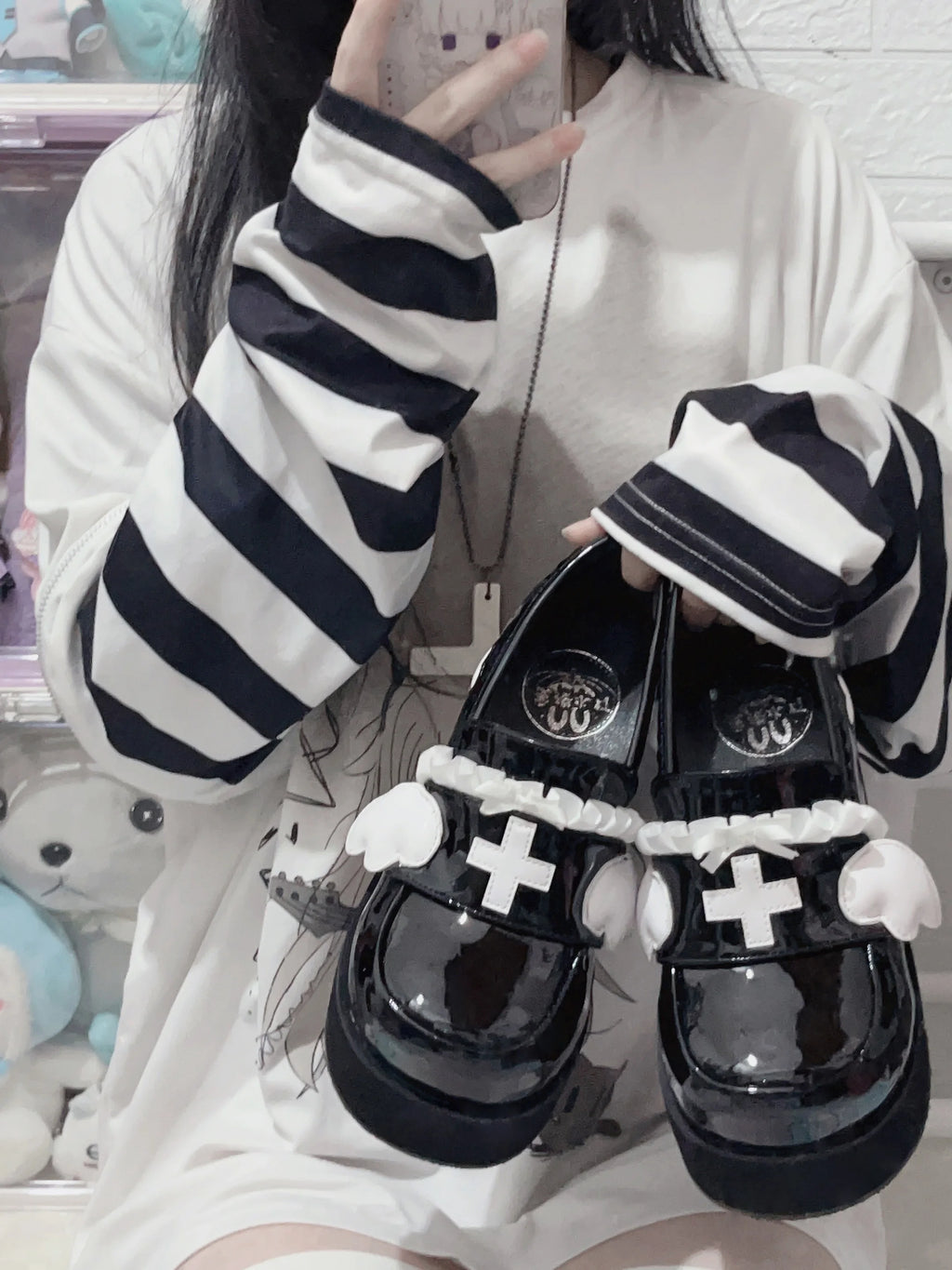 Menhera White Platform Loafers with Cross and Bow Details black Shoptery