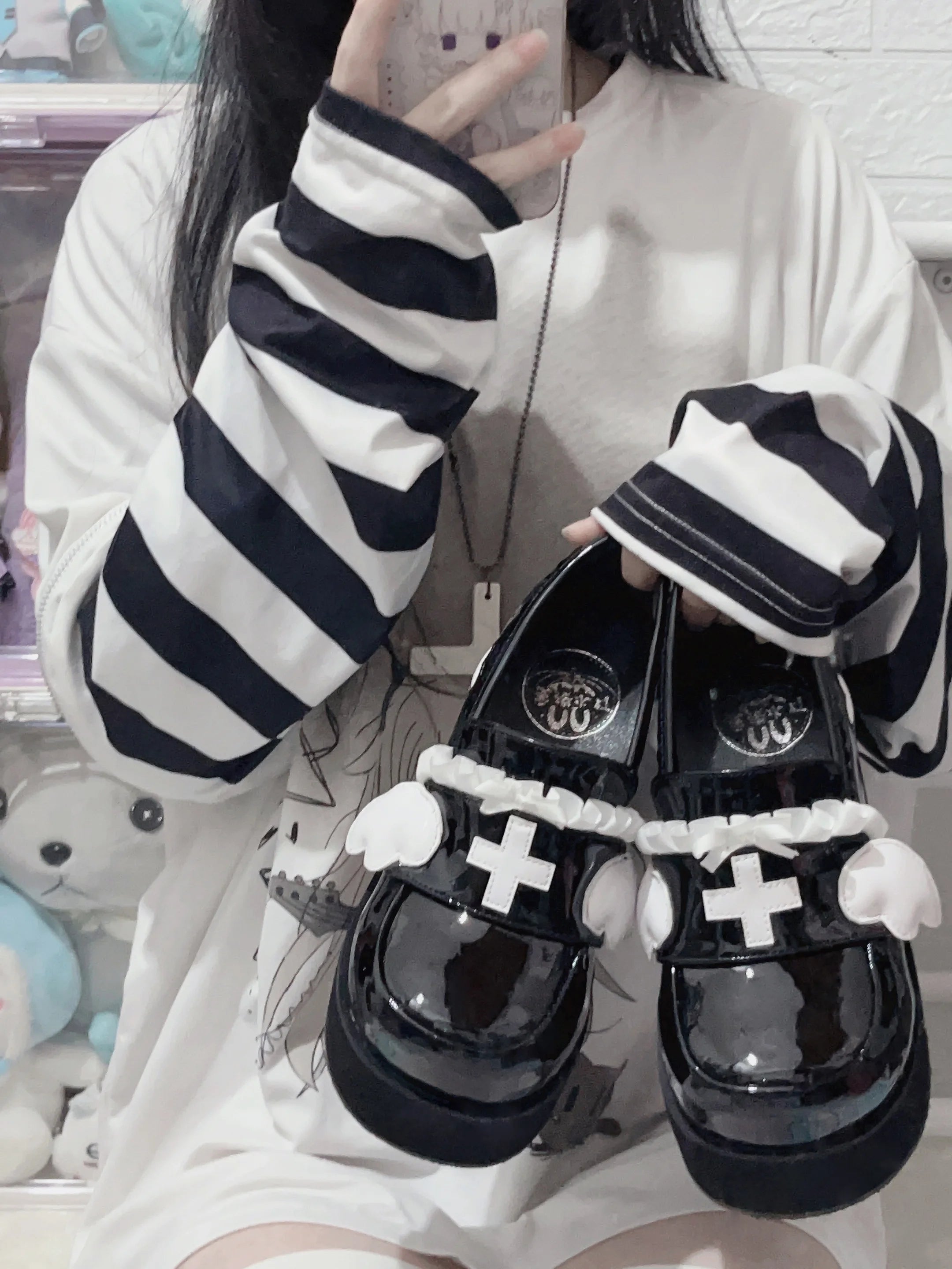Menhera White Platform Loafers with Cross and Bow Details black Shoptery