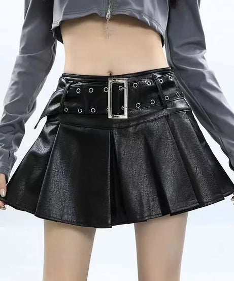 Grommet Belted Leather Mini Skirt