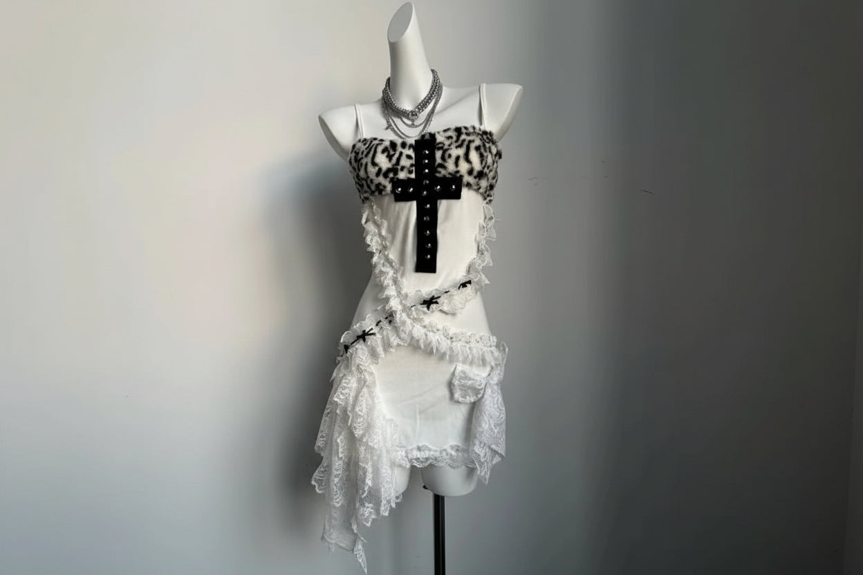 Jirai Kei Rhinestone Cross Leopard Lace Ruffle Slip Mini Dress Shoptery