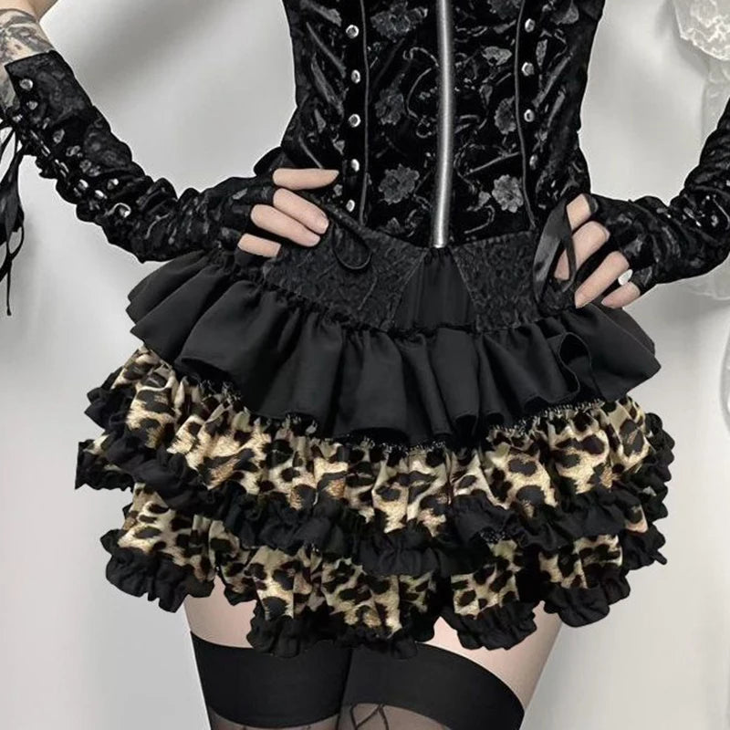 Gyaru Leopard Print Tiered Ruffle Mini Skirt Shoptery