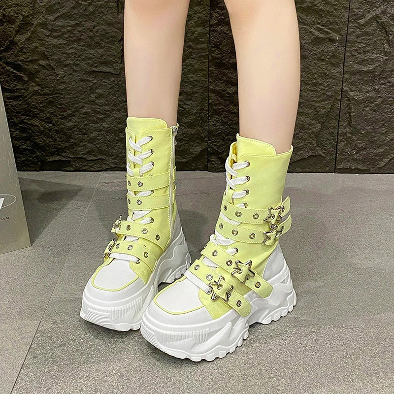 Jirai Kei Red Gingham Platform High-Top Lace-Up Boots with Star Buckle Yellow Shoptery