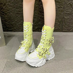 Jirai Kei Red Gingham Platform High-Top Lace-Up Boots with Star Buckle Yellow Shoptery
