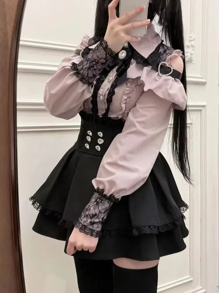 Jirai Kei Black Lace Bolero & Ivory Ruffle Blouse Plaid Skirt Set 801 Sets Shoptery