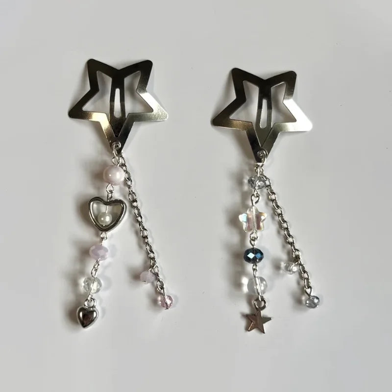 Fairy Kei Star Hair Clip Set with Pearl Heart Crystal Chain Charms Default Title Shoptery