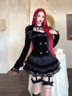 Visual Kei Black Velvet Ruffle Lace Cross Jacket & Mini Skirt Set 2-piece set Shoptery