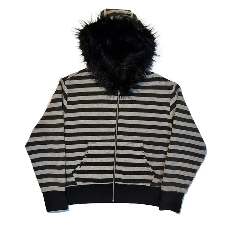 Midnight Stripes Faux Fur Hoodie Shoptery