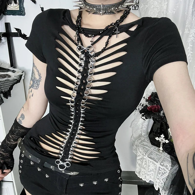 Visual Kei Slashed Fishbone Ring & Safety Pin Cutout Black Tee Shoptery