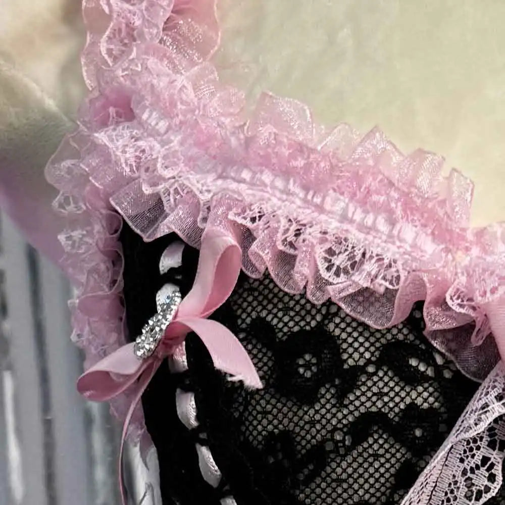 Jirai Kei Black Pink Skull Lace-Up Corset Ruffle Mini Dress Shoptery