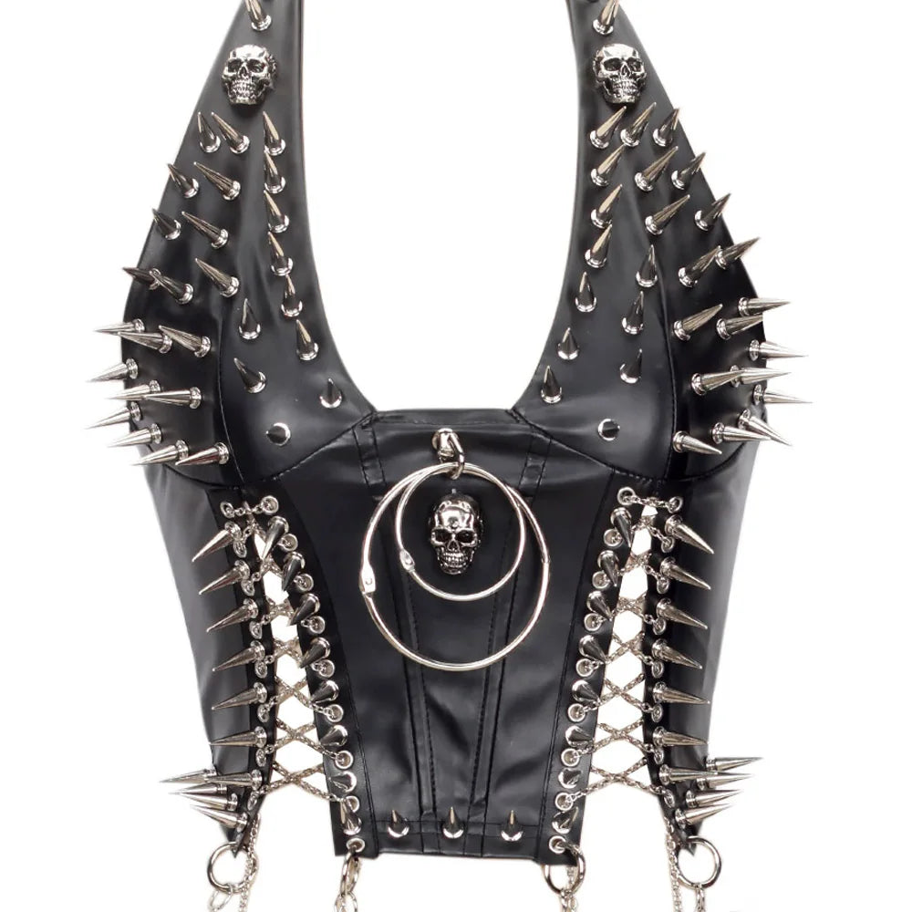 Visual Kei Skull Spike Studded PU Leather Corset Vest with Chains Sliver rivets 7 Shoptery