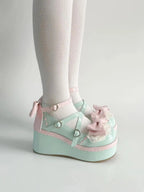 Fairy Kei Mint & Pink Lace Bow Platform Mary Jane Shoes Shoptery
