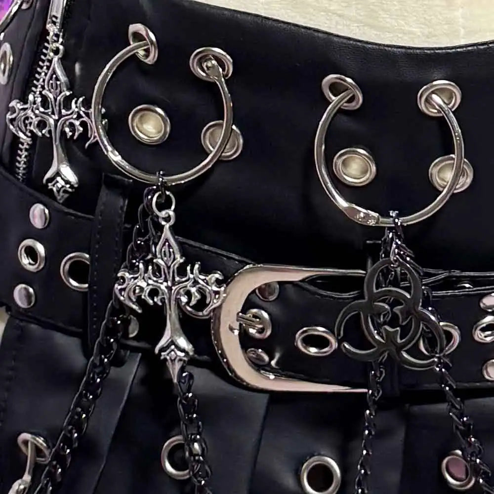 Visual Kei PU Leather Pleated Mini Skirt with Chains & Cross Charms Shoptery