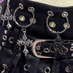 Visual Kei PU Leather Pleated Mini Skirt with Chains & Cross Charms Shoptery
