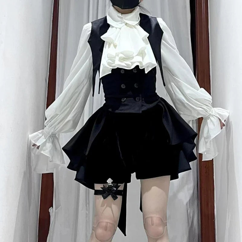 Jirai Kei Gothic Cross Lace Ruffle Blouse & Shorts Set Shoptery
