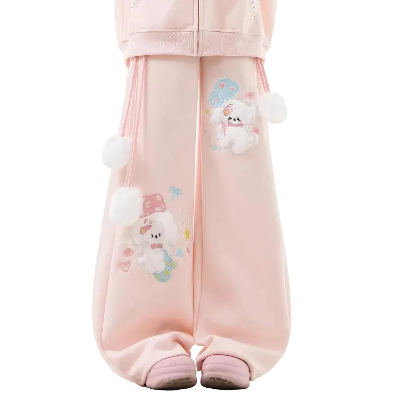 Fairy Kei Bunny Pom-Pom Lace Waist Wide-Leg Sweatpants Set Pink Shoptery