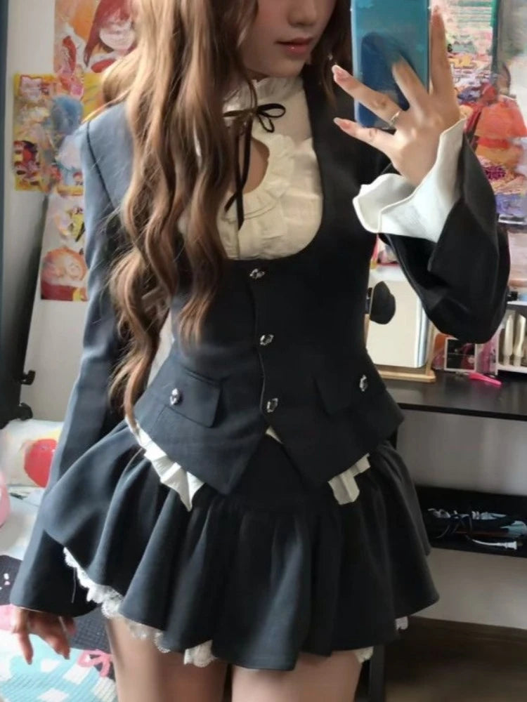 Jirai Kei Ruffle Blouse Black Vest & Lace Skirt 3-Piece Set Set C Shoptery