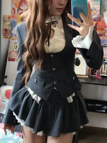 Jirai Kei Ruffle Blouse Black Vest & Lace Skirt 3-Piece Set Set C Shoptery