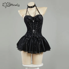 Visual Kei Black Brocade Lace-Up Corset Mini Dress with Cross Chains Shoptery