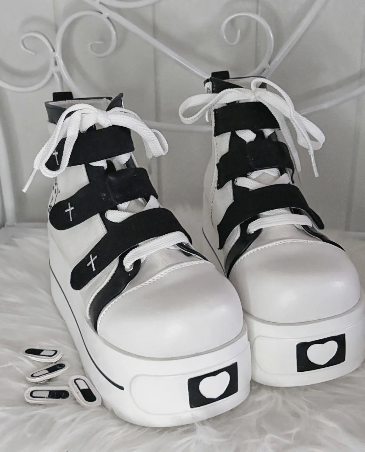 Fairy Kei Pastel Blue Platform Lace-Up High-Top Sneaker Boots black and white Shoptery