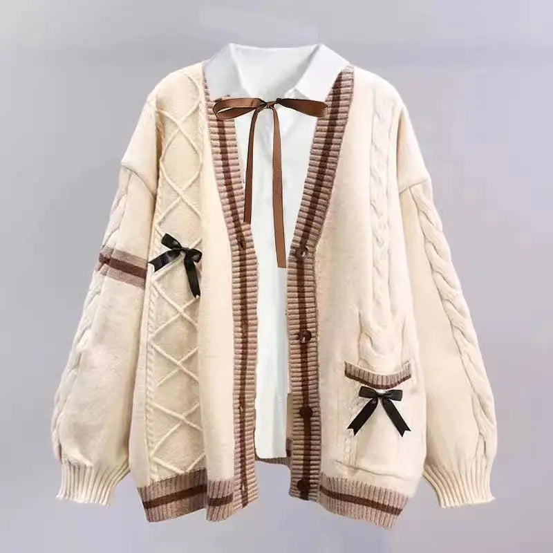 Mori Kei Cable Knit Cardigan & Plaid Skirt Set with Bow Details Three piece set1 Shoptery